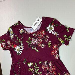 Burgundy Floral Viishow Women’s Maxi dress, short sleeve, with pockets, size XL